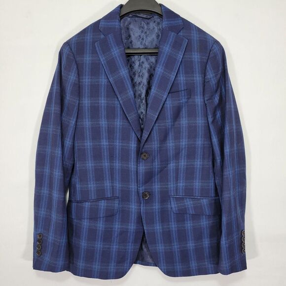 Psycho Bunny Men's Sport Coat Blazer Two Button Navy Blue Plaid Wool‎ Size 36S